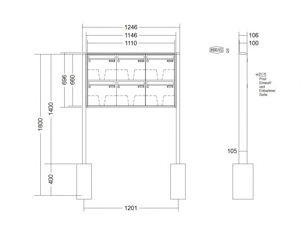 Renz Briefkastenanlage Quadra 6-teilig 370x330x100 mm lackiert