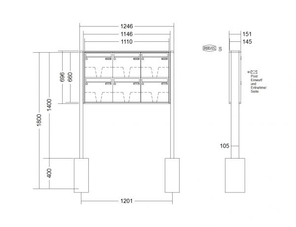 Renz Briefkastenanlage Quadra 6-teilig 370x330x145 mm lackiert