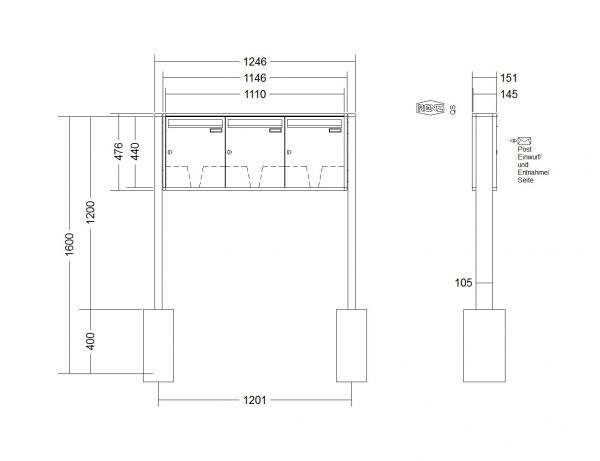 Renz Briefkastenanlage Quadra 3-teilig 370x440x145 mm lackiert