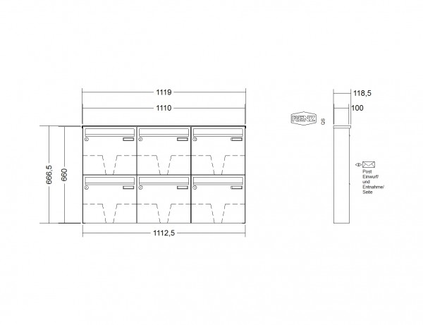 Renz Briefkasten Aufputz Basic (B) |10-0-25024 | 370x330x100mm Edelstahl | 6teilig