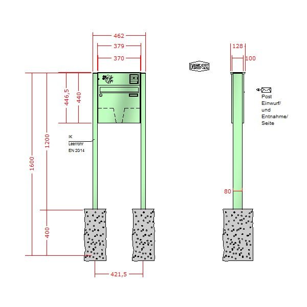Renz Briefkastenanlage Basic (B) 1-teilig 370x330x100 mm lackiert mit Inst.-Kasten oben