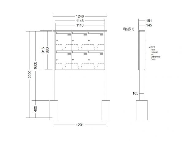 Renz Briefkastenanlage Quadra 6-teilig 370x440x145 mm lackiert