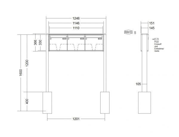 Renz Briefkastenanlage Quadra 3-teilig 370x330x145 mm lackiert
