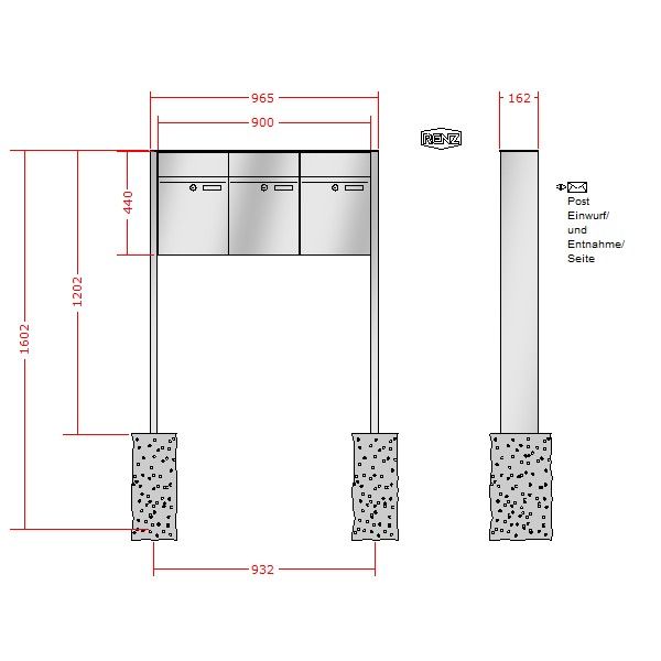 Renz Plan freistehend | 60-0-60074 | 3-teilig 300x440x160 Edelstahl