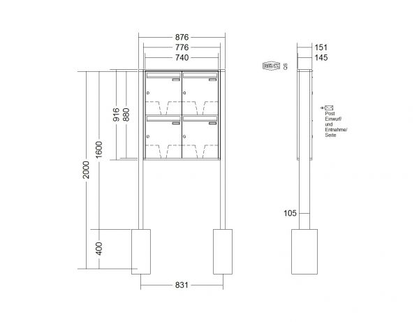 Renz Briefkastenanlage Quadra 4-teilig 370x440x145 mm lackiert