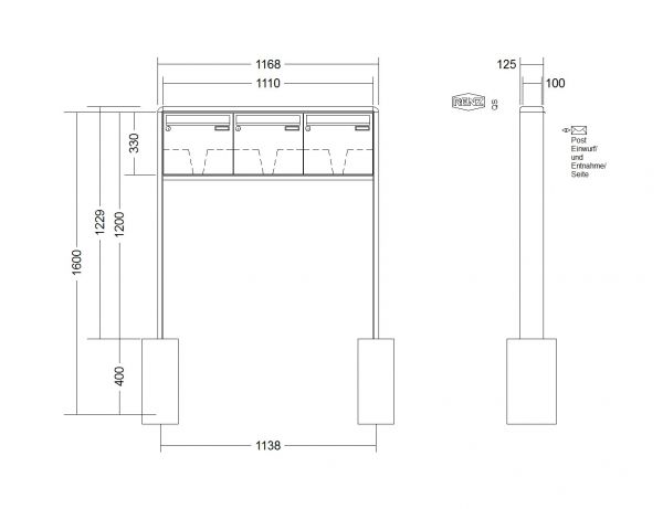 Renz Briefkastenanlage RS 2000 3-teilig 370x330x100 mm lackiert
